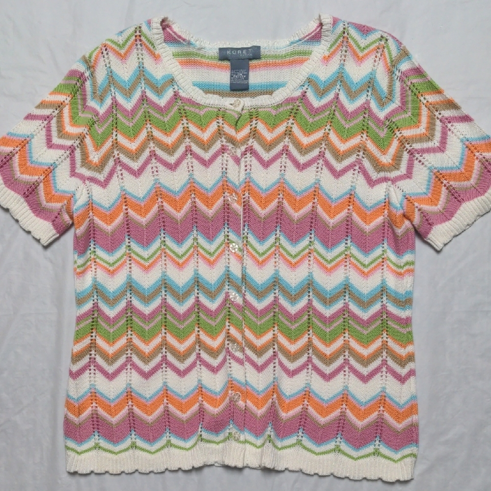 Koret Vintage 90s Colorful Zig Zag Knit Cottagecore Short Sleeve Top Size MP